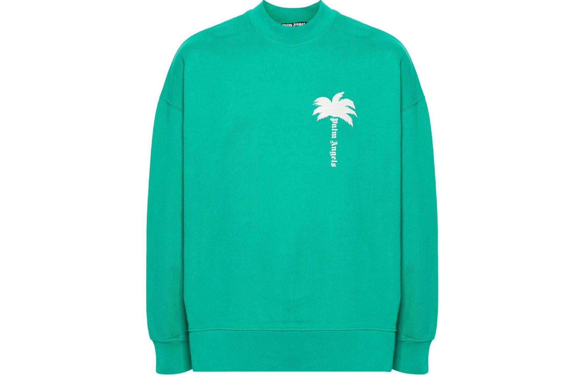 Palm Angels Green Palm Tree Print Crewneck Long Sleeve Sweatshirt PMBA026S24FLE0015503