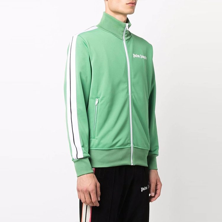 Shop Palm Angels Green Track Jacket with Logo Collar and Long Sleeves PMBD001F21FAB0015501