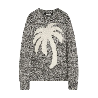 Palm Angels Grey Palm Print Crewneck Long Sleeve Sweater PMHE066F24KNI0010803