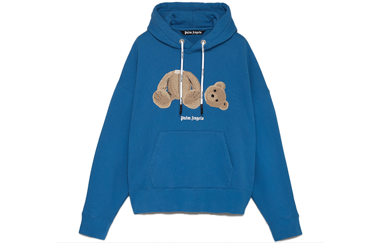 Palm Angels Logo Embroidered Bear Print Blue Hoodie for Men 16863488