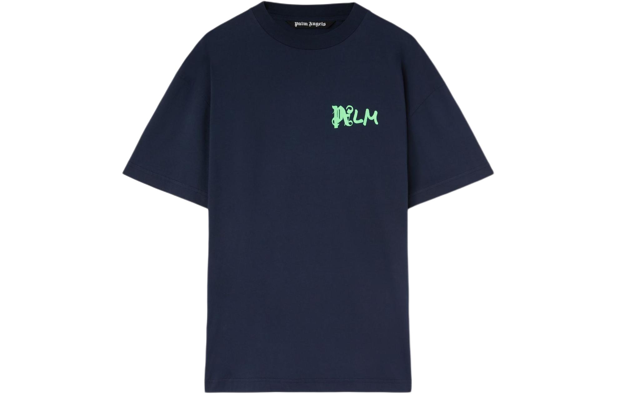 PALM ANGELS Logo Graphic Print Navy Blue Crewneck T-Shirt  Edition. PMAA072S24JER0044670