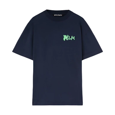 PALM ANGELS Logo Graphic Print Navy Blue Crewneck T-Shirt Edition. PMAA072S24JER0044670