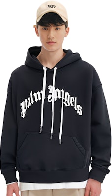 PALM ANGELS Logo Print Drawstring Hoodie - Black (). PMBB058C99FLE0031001 Details for PALM ANGELS Logo Print Drawstring Hoodie - Black (). PMBB058C99FLE0031001