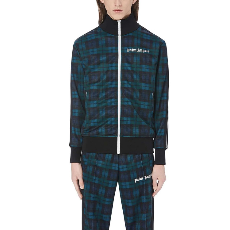 Shop PALM ANGELS 多色格纹拉链运动夹克 绿色 PMBD001E20FAB0041201