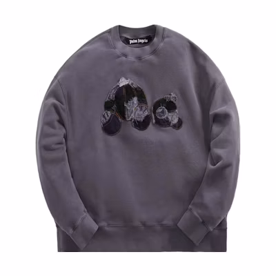 Palm Angels Patchwork Distressed Bear Crewneck Sweatshirt Men’s Indigo Blue PMBA026F22FLE0024940