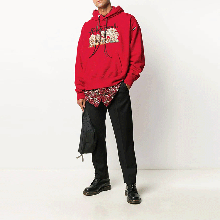 Lookbook Palm Angels Red Hoodie with Letter Skull Print PMBB058F20FLE0072584