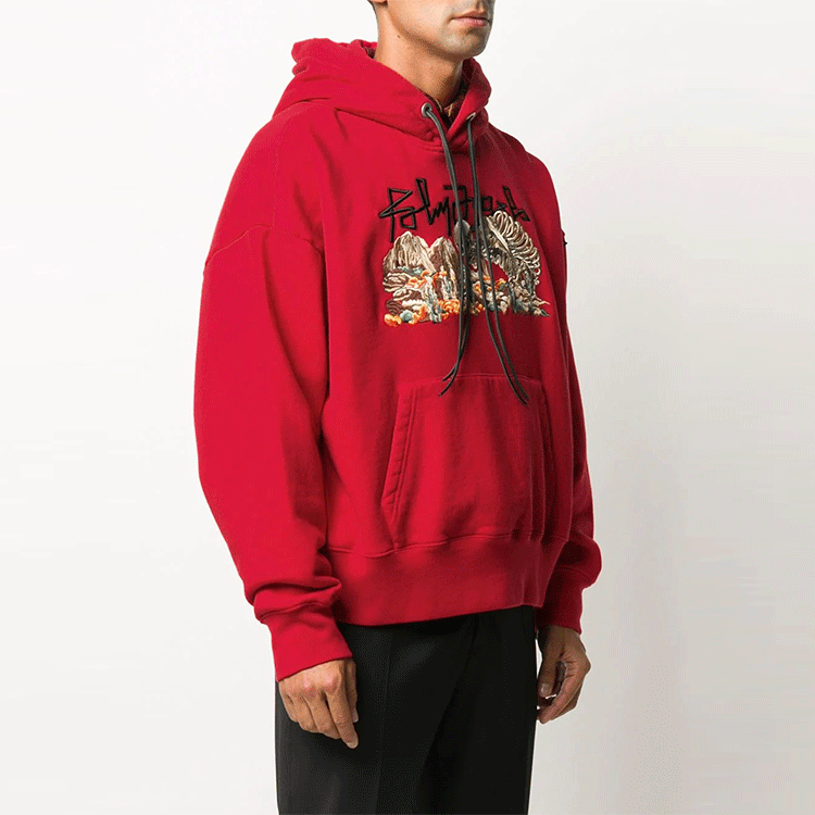 Shop Palm Angels Red Hoodie with Letter Skull Print PMBB058F20FLE0072584