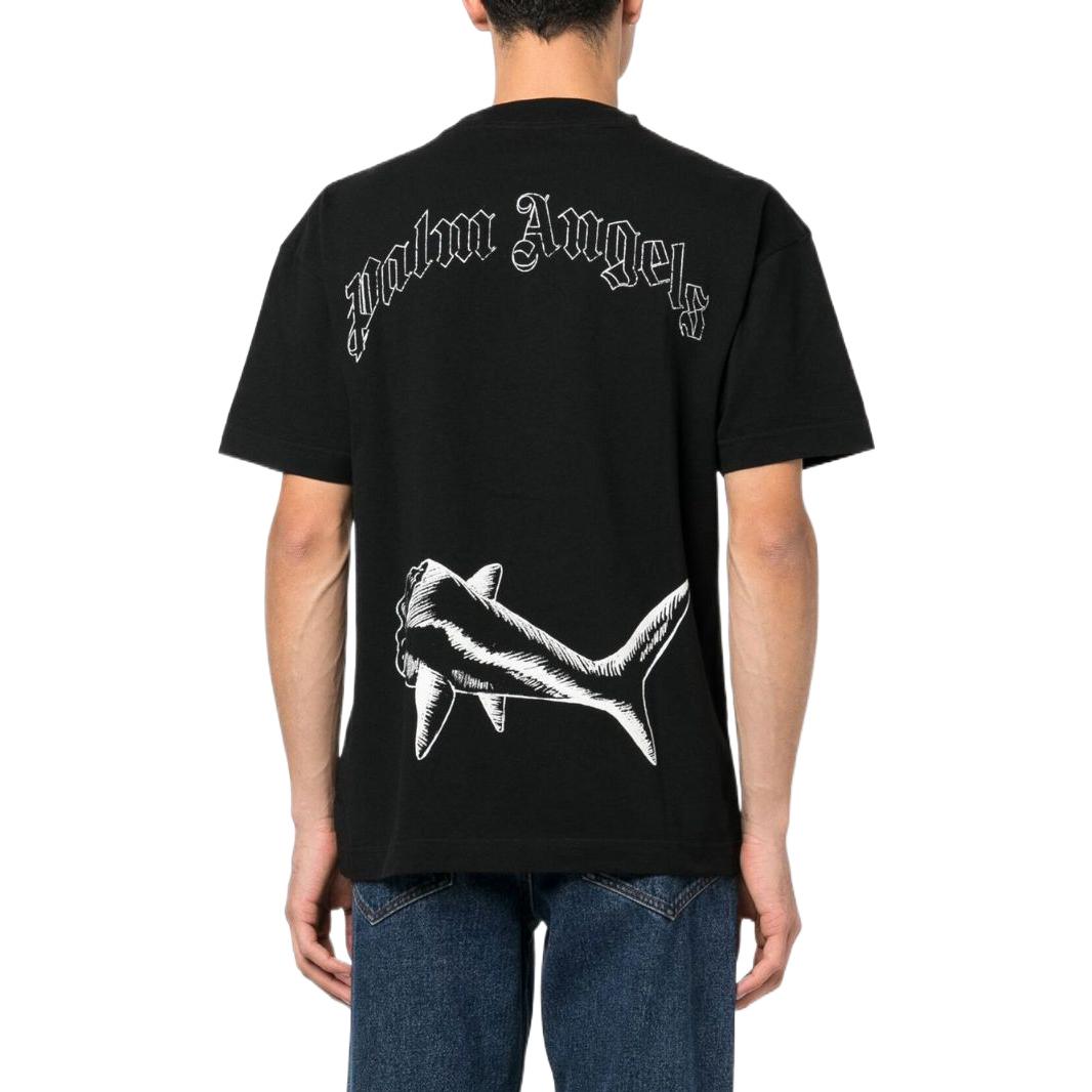 Shop Palm Angels Shark Letter Print Crewneck Black  T-Shirt. PMAA001S23JER0011003