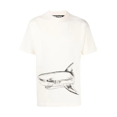 Palm Angels Shark Print Crewneck Short Sleeve T-Shirt Men’s Off-White. PMAA001S23JER0010410