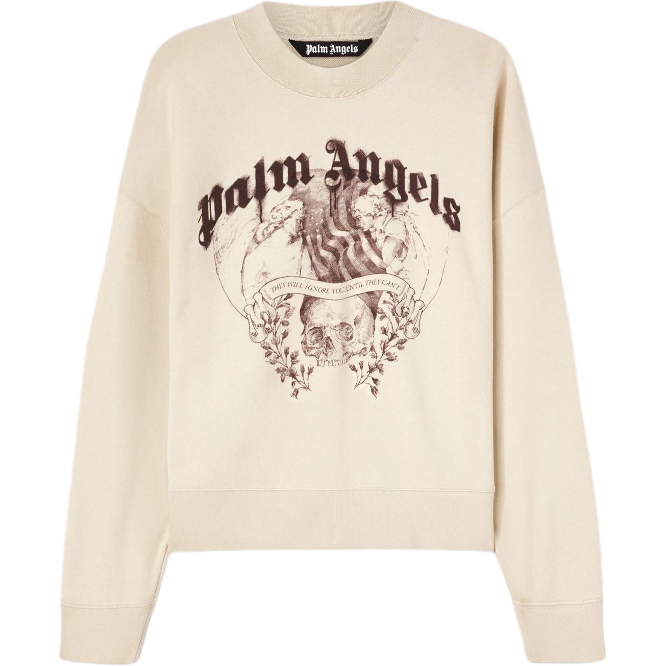 Palm Angels Sketch-Style Angel Skull Long Sleeve Sweatshirt Men Beige PMBA026F24FLE0016129