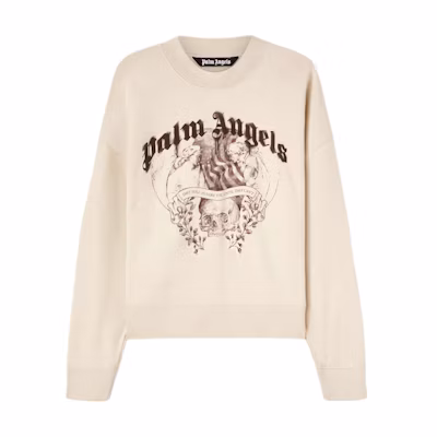 Palm Angels Sketch-Style Angel Skull Long Sleeve Sweatshirt Men Beige PMBA026F24FLE0016129