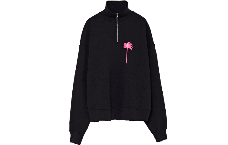 Palm Angels SS21 Black Half-Zip Pullover Hoodie with Palm Tree Print - PMBA044S21FLE0011032