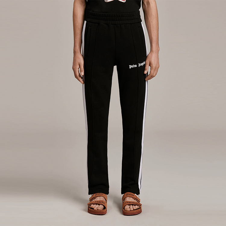 Purchase PALM ANGELS SS21 ブラック ロゴプリント ストライプ トラックパンツ PMCA007S21FAB0051001