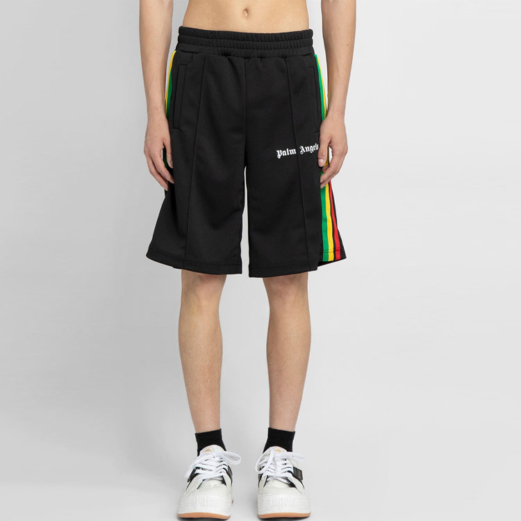 Shop Palm Angels SS21 Black Rainbow Stripe Side Logo Shorts. PMCB011S21FAB0021001