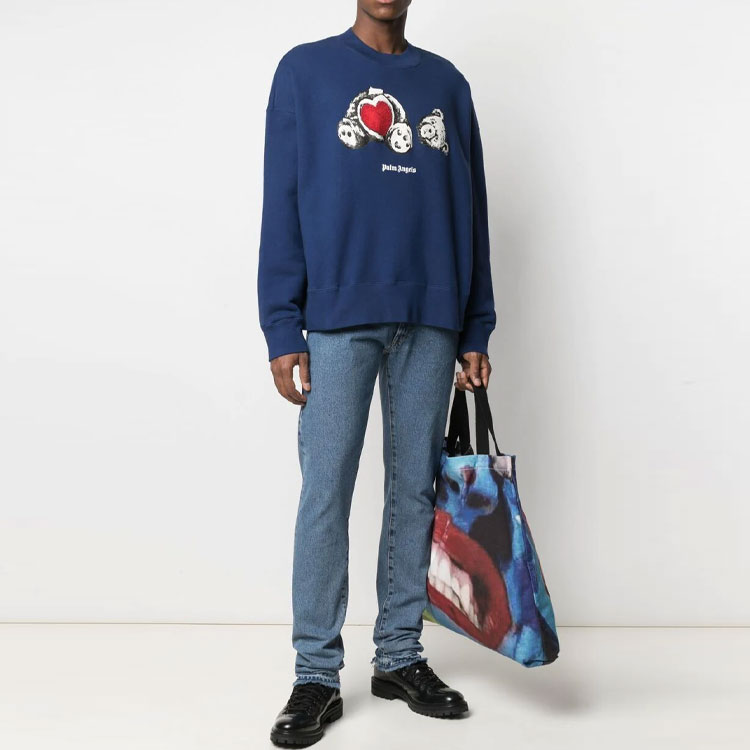 Lookbook PALM ANGELS SS21 Baju Biru Logo Kartun Crewneck Pullover Lelaki. PMBA026S21FLE0084601