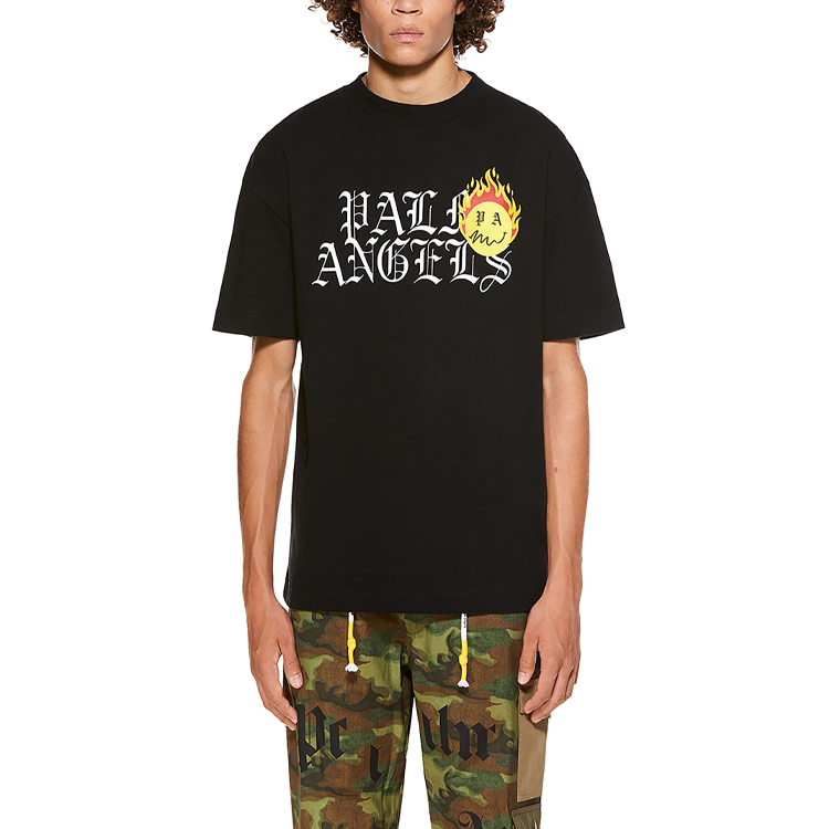 Shop Camiseta Negra PALM ANGELS SS21 Burning Smiley con Logo Gótico. PMAA001R21JER0031018