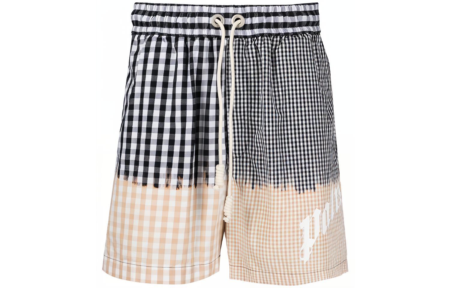 Order Palm Angels SS21 Checkered Patchwork Logo Casual Shorts Black PMCB034S21FAB0026101