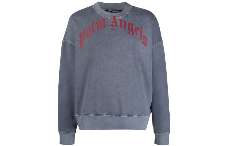 Palm Angels SS21 Curved Logo Print Oversized Crewneck Sweatshirt Silver Grey PMBA026R21FLE0064625
