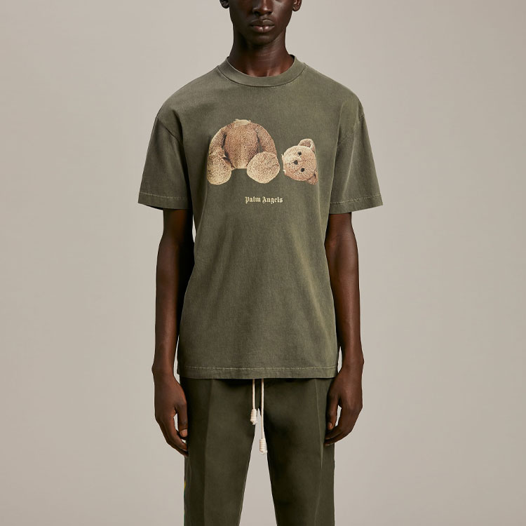 Shop PALM ANGELS SS21 Decap Bear Logo T-shirt Green Mens PMAA001S21JER0165601