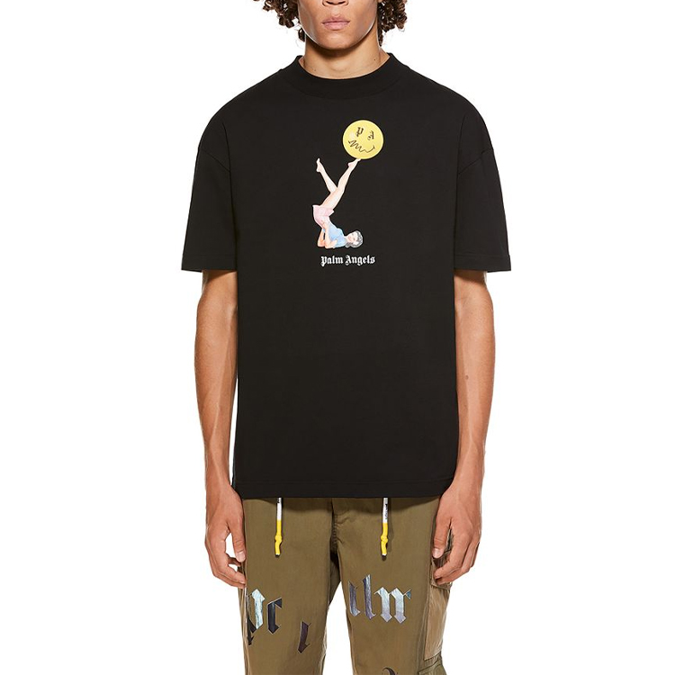 Shop Palm Angels Kaos Hitam SS21 Graphic Print Crew Neck PMAA001R21JER0101030