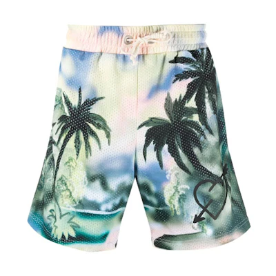 Palm Angels SS21 Green Palm Tree Mesh Drawstring Shorts for Men. PMCB023S21FAB0028484