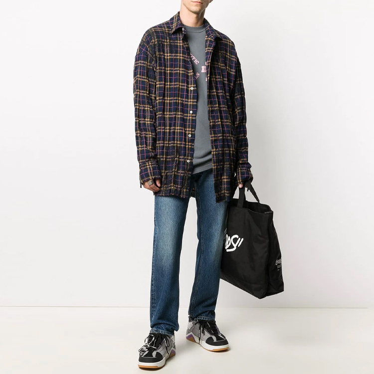 Lookbook PALM ANGELS SS21 ロゴプリント チェックシャツ メンズ ディープブルー PMGA079F20FAB0014601