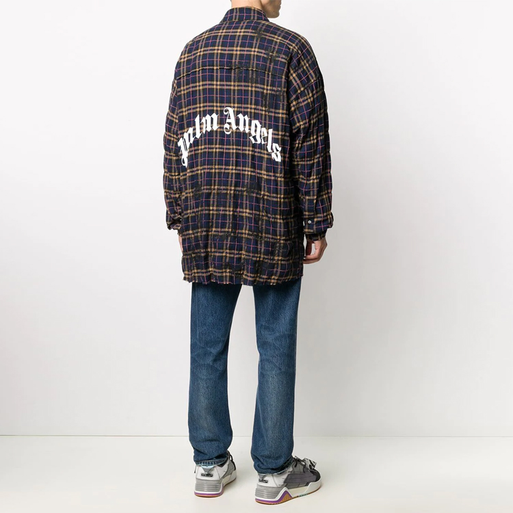 Shop PALM ANGELS SS21 ロゴプリント チェックシャツ メンズ ディープブルー PMGA079F20FAB0014601