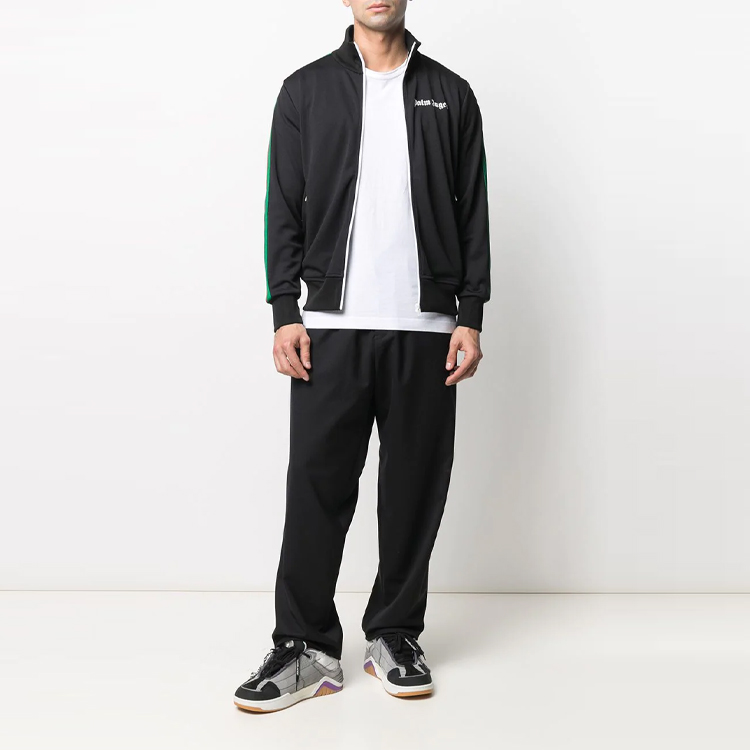 Lookbook 棕榈天使SS21黑色Logo拉链运动夹克带条纹袖子 PMBD001R21FAB0031001