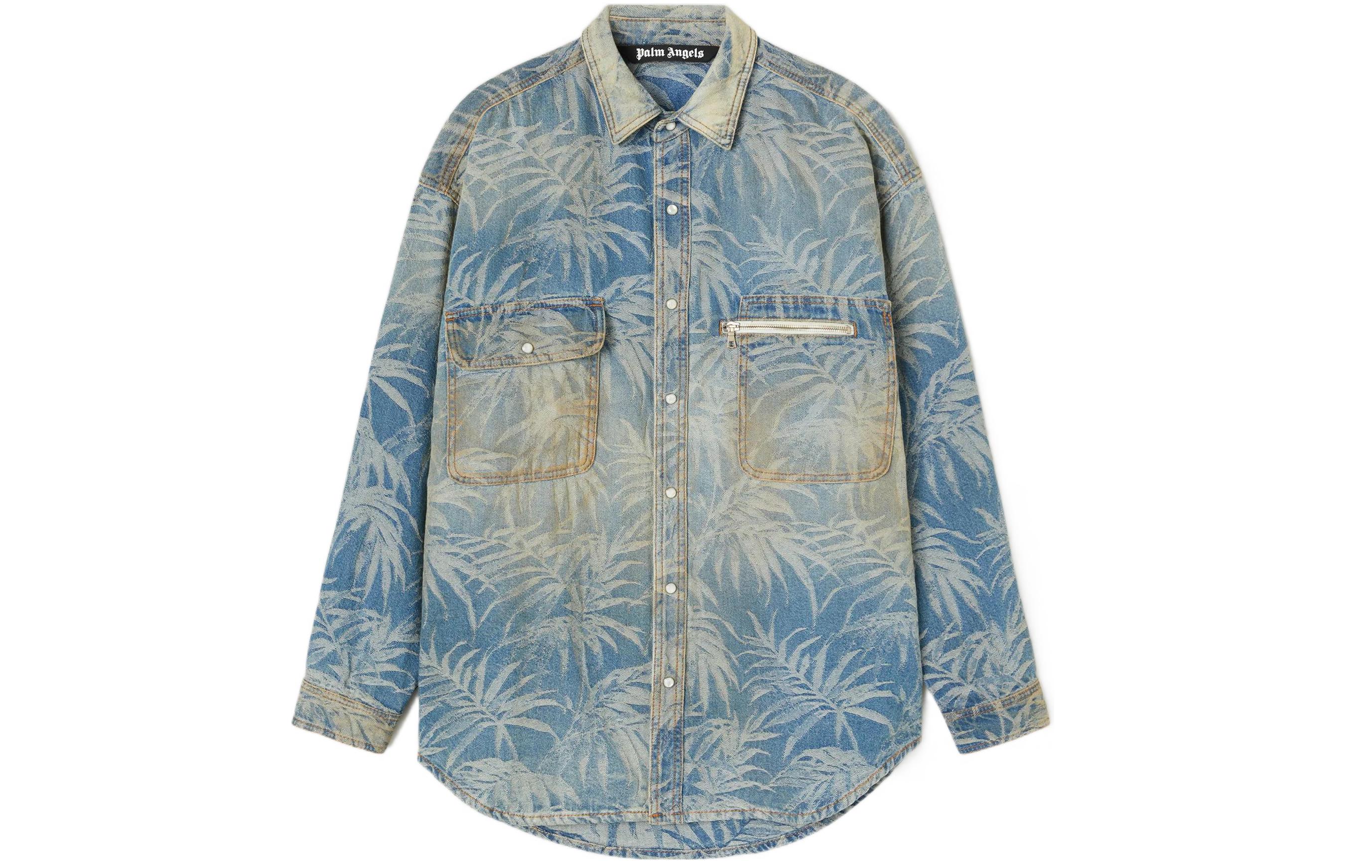 Palm Angels SS22  Plant Print Denim Long Sleeve Shirt Blue PMYD015S22DEN0024003