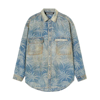Palm Angels SS22 Plant Print Denim Long Sleeve Shirt Blue PMYD015S22DEN0024003