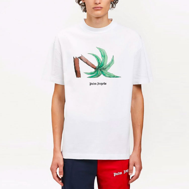 Shop Camiseta Blanca Palm Angels SS22 Cuello Redondo con Estampado de Palmeras. PMAA001S22JER0220155