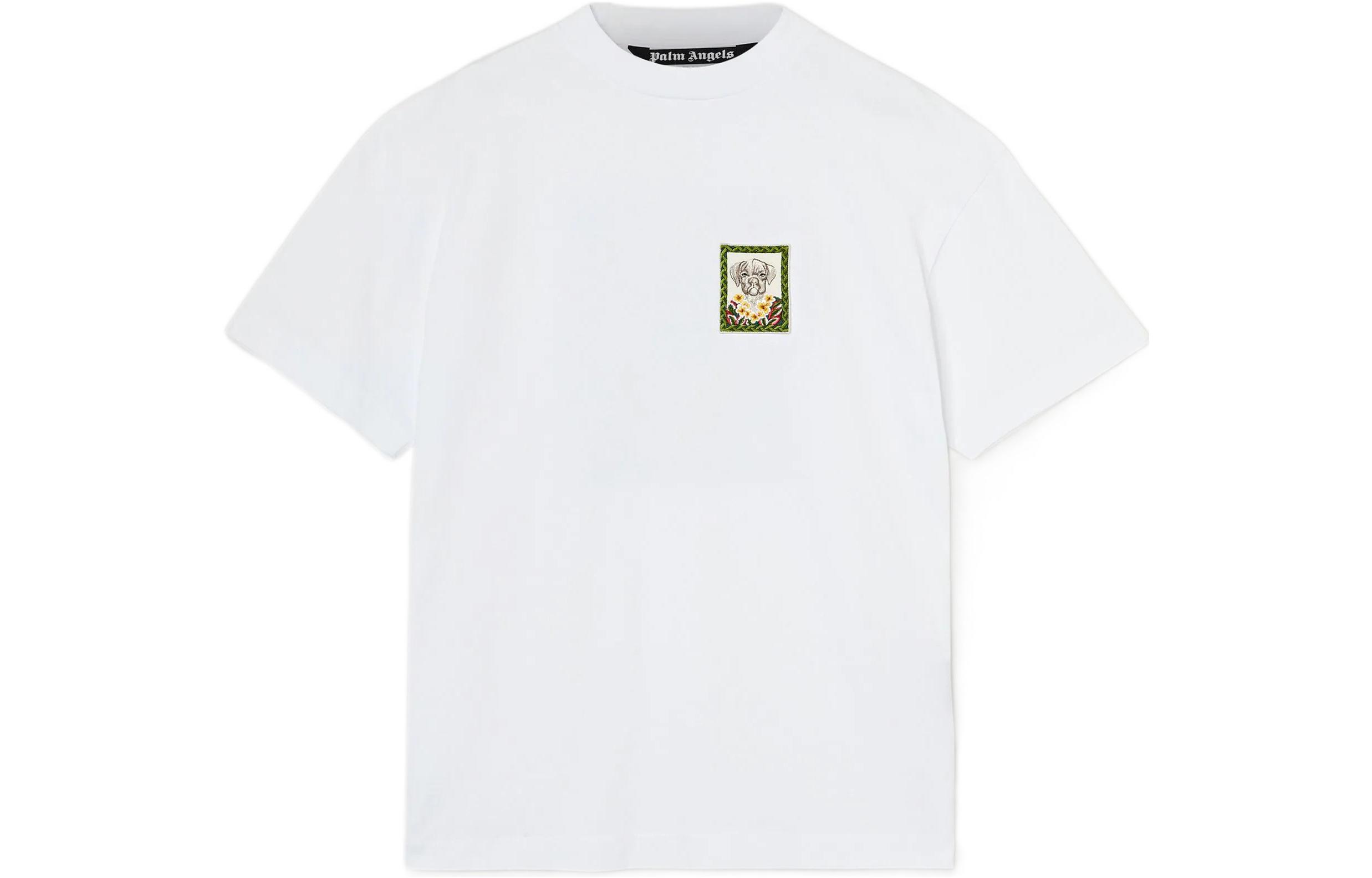 PALM ANGELS SS22 Boxer Bob Animal Print Logo Crewneck T-Shirt White Mens. PMAA001S22JER0250155