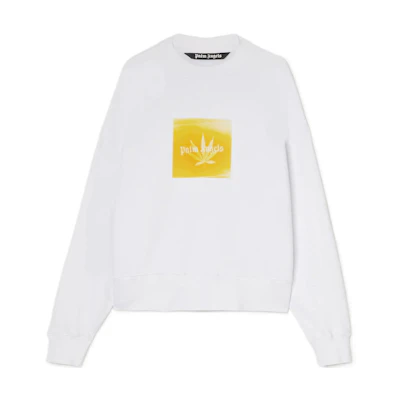 Palm Angels SS22 Leaf Print Pullover Crewneck Sweatshirt White Men PMBA026S22FLE0020118