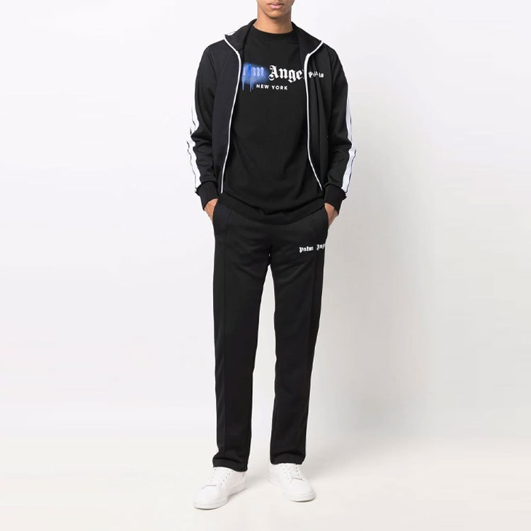 Lookbook PALM ANGELS SS22 Jaket Track Logo Hitam Fashion Top PMBD001C99FAB0011001