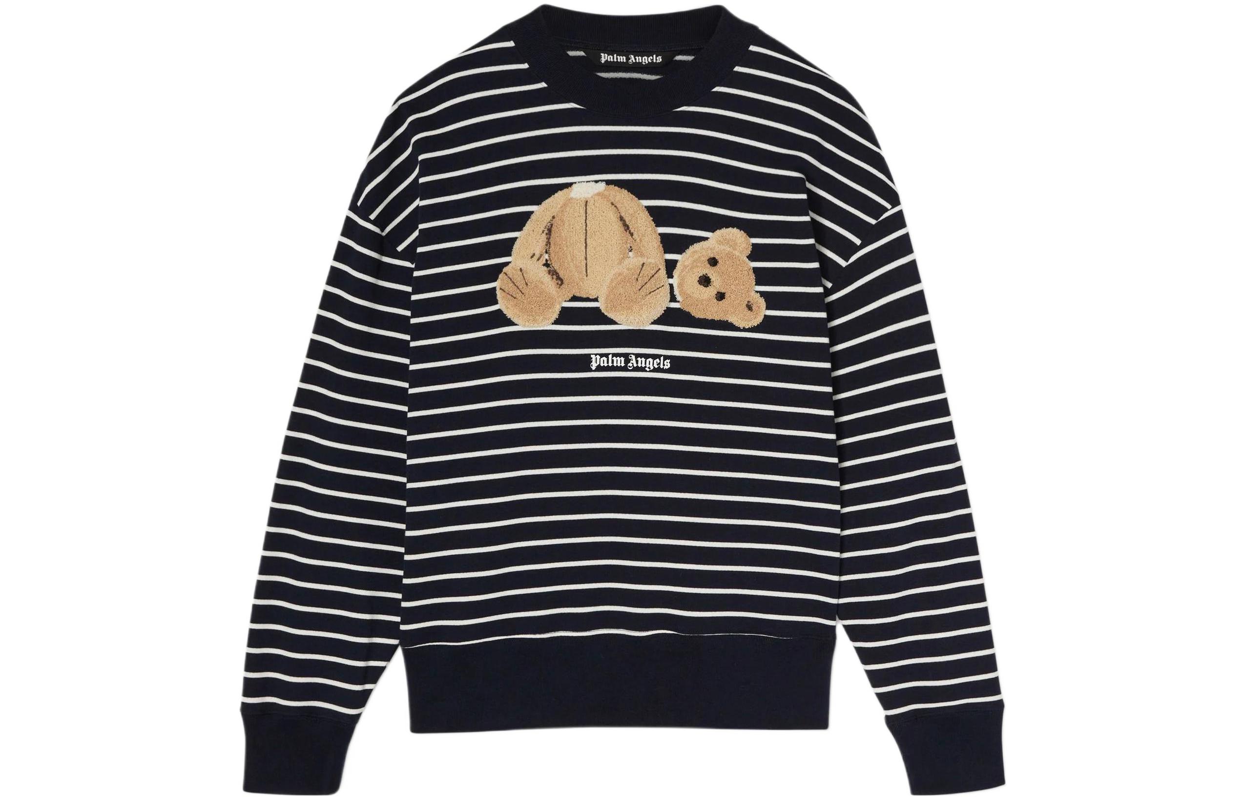 Palm Angels SS22 Navy Blue Teddy Bear Striped Cartoon Embroidered Sweatshirt. PMBA064S22FLE0014660