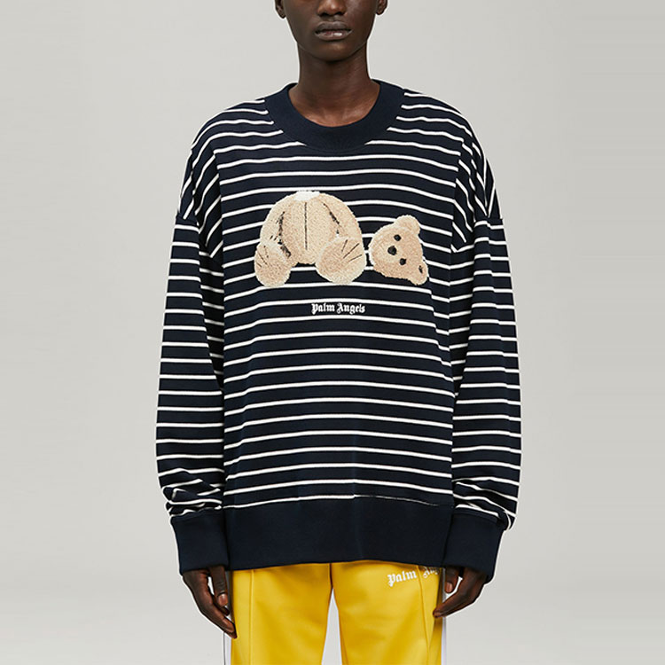 Shop パームエンジェルス SS22 ネイビー テディベア ストライプ 刺繍 スウェットシャツ. PMBA064S22FLE0014660