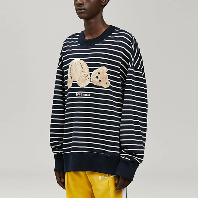 Details for パームエンジェルス SS22 ネイビー テディベア ストライプ 刺繍 スウェットシャツ. PMBA064S22FLE0014660