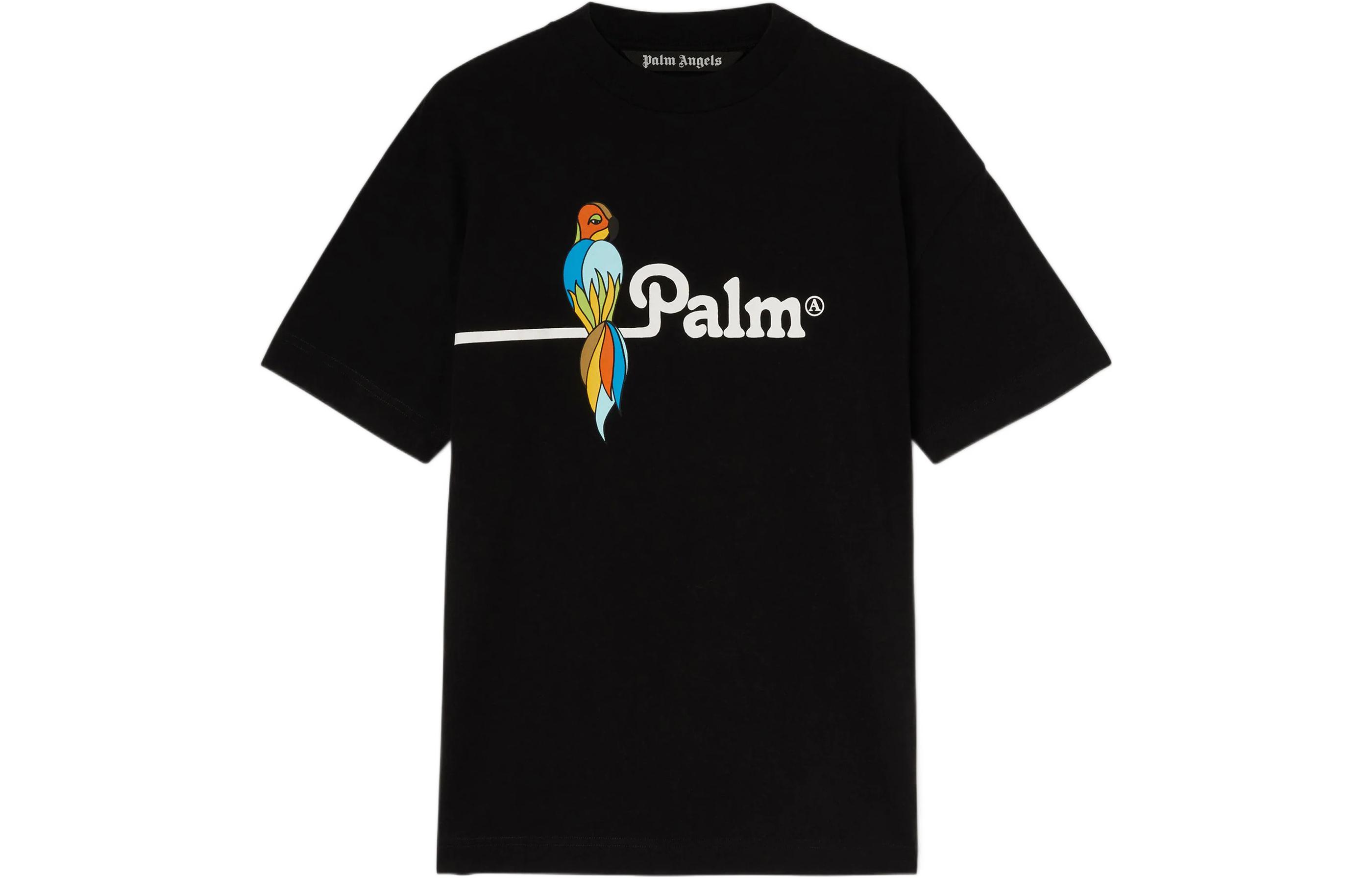 Palm Angels SS22 Parrot Logo Black Graphic Tee  Short Sleeve T-Shirt. PMAA001S22JER0041001