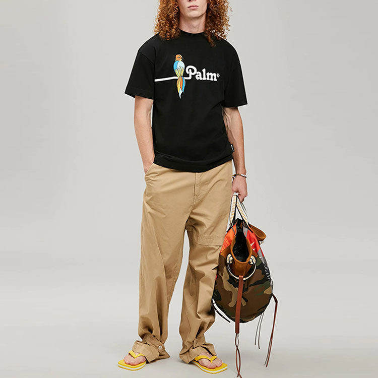 Lookbook 棕榈天使SS22鹦鹉标志黑色短袖T恤潮流上衣. PMAA001S22JER0041001