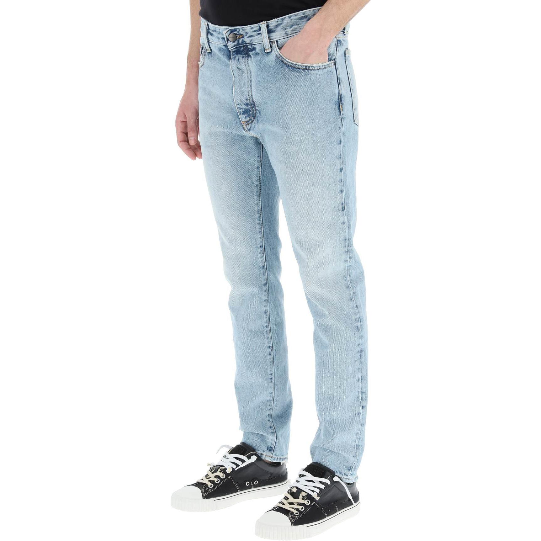 Purchase PALM ANGELS SS22 Straight-Leg Letter Logo Print Jeans Men Light Blue PMYA012C99DEN0014001