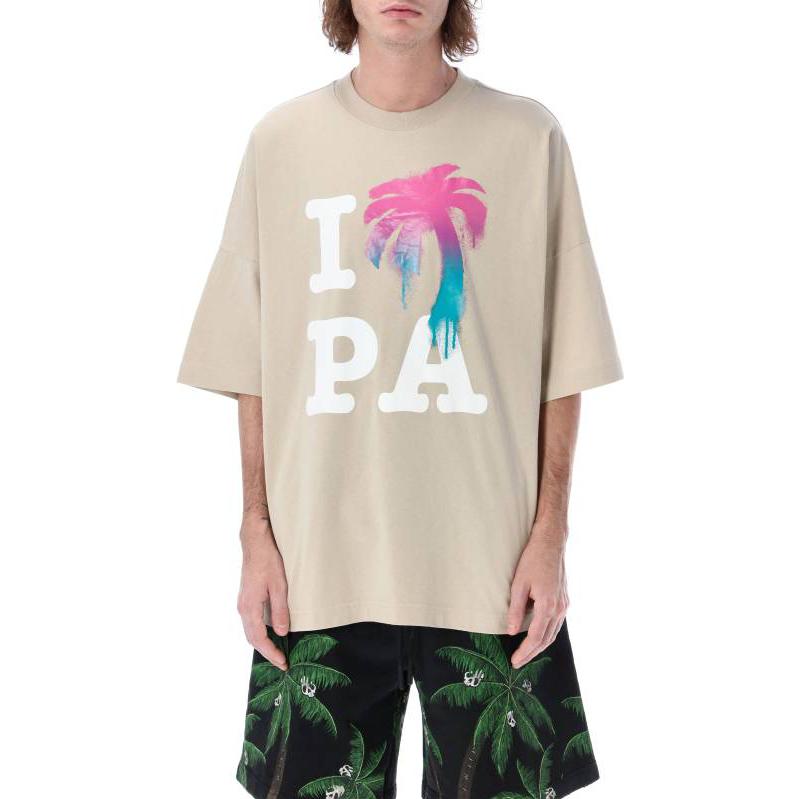 Shop Palm Angels SS23 米色字母印花短袖T恤 PMAA041S23JER0016184