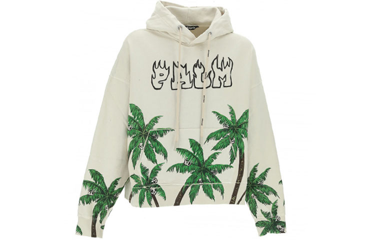 PALM ANGELS SS23 Coconut Tree Print Drawstring Hoodie Men’s Off-White. PMBB117S23FLE0070155