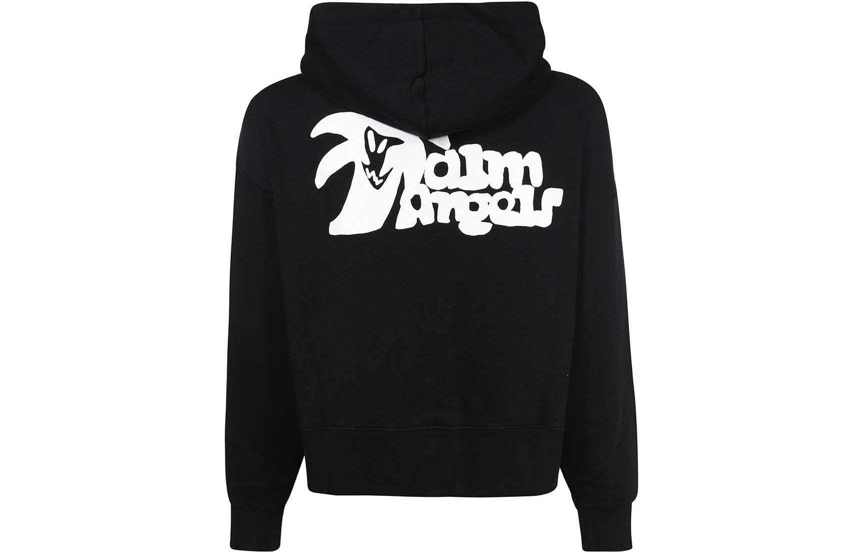 Lookbook PALM ANGELS SS23 Jaket Hoodie Hitam Lengan Panjang dengan Desain Cetak Grafis. PMBE014E23FLE0021001