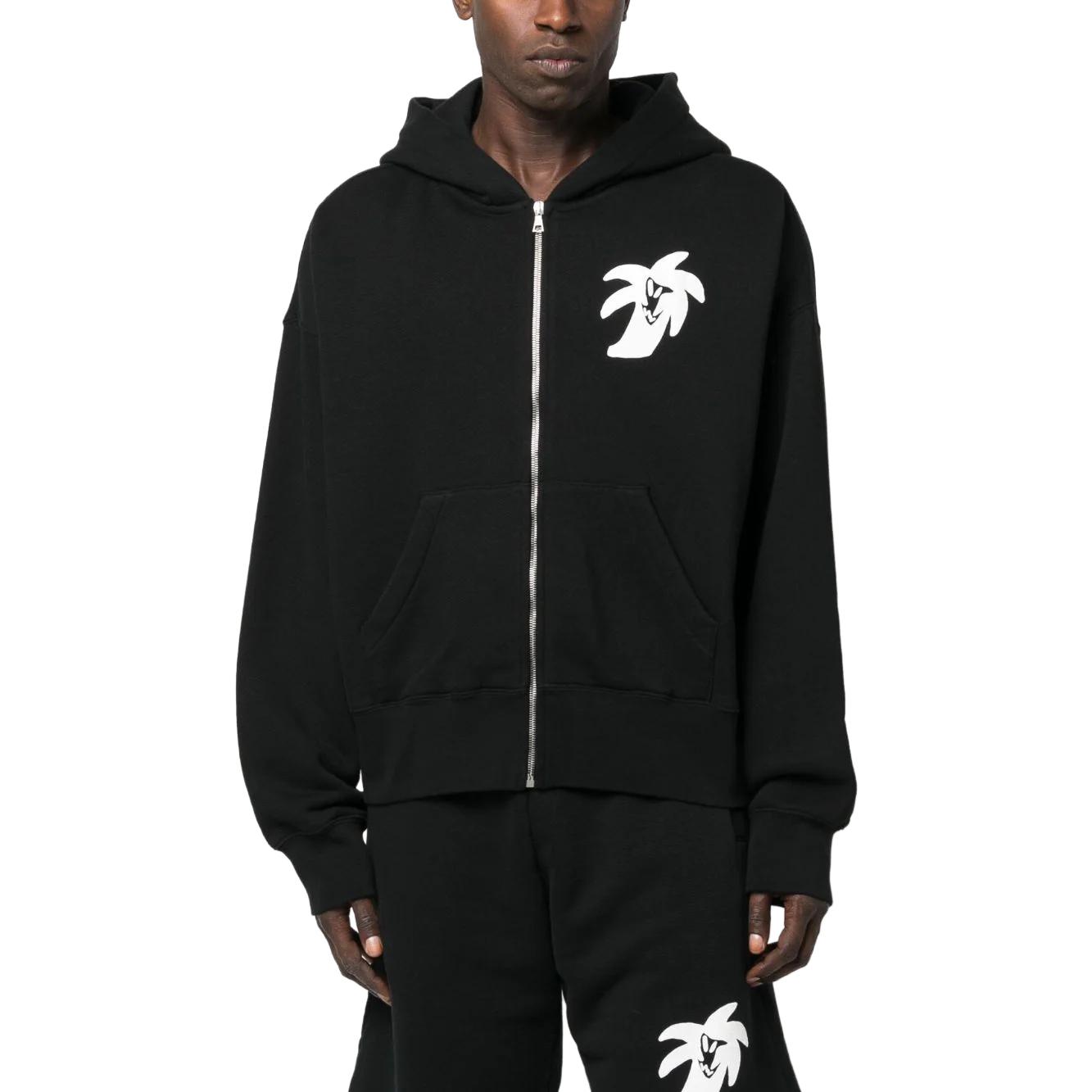 Shop PALM ANGELS SS23 Jaket Hoodie Hitam Lengan Panjang dengan Desain Cetak Grafis. PMBE014E23FLE0021001