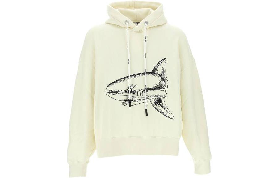PALM ANGELS SS23 Shark Print Hoodie White  Long Sleeve Pullover. PMBB058S23FLE0070410
