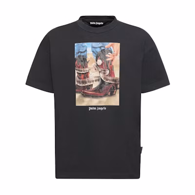 PALM ANGELS SS24 Black Crewneck Logo Print Short Sleeve T-Shirt. PMAA072R24JER0031084