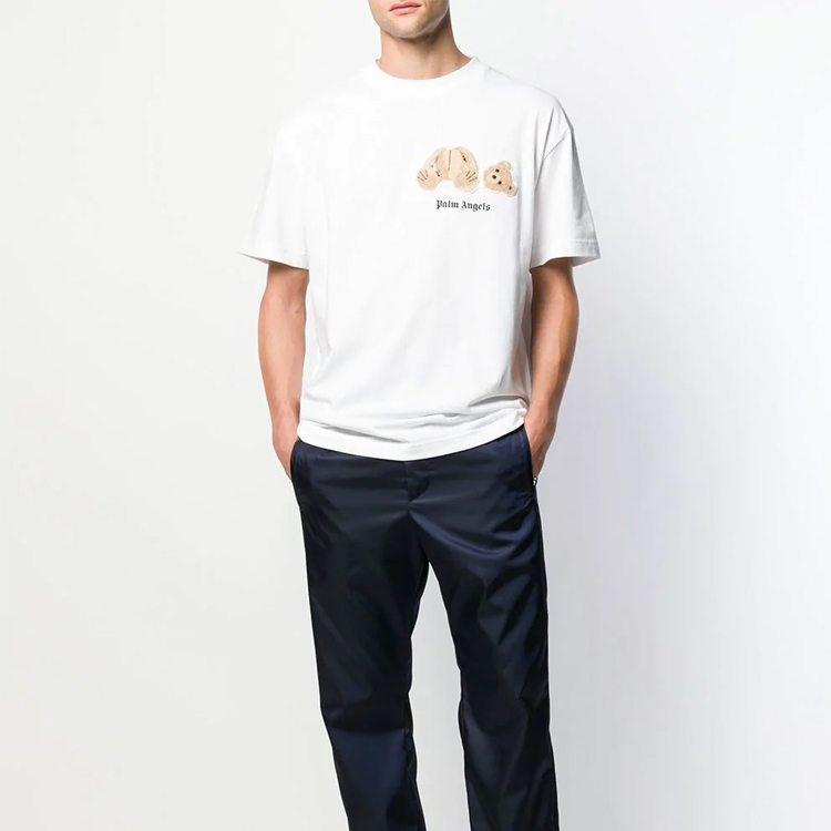 Lookbook 棕櫚天使斷頭泰迪熊絨毛印花白色T恤 PMAA001F194130400150