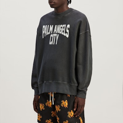 Palm Angels Washed Effect Logo Print Oversized Crewneck Sweatshirt Grey Men PMBA074R24FLE0120701 Purchase Palm Angels Washed Effect Logo Print Oversized Crewneck Sweatshirt Grey Men PMBA074R24FLE0120701