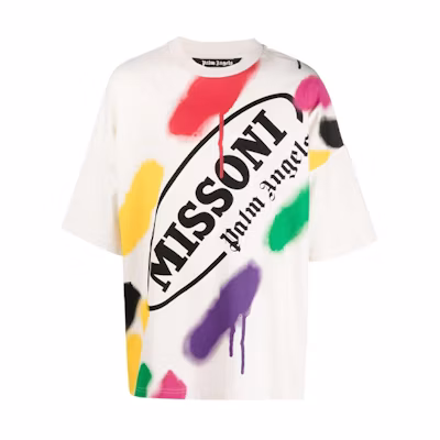PALM ANGELS MISSONI FW21 Logo Colorful Graffiti Print Tee White Mens. PMAA041F21JER0060310