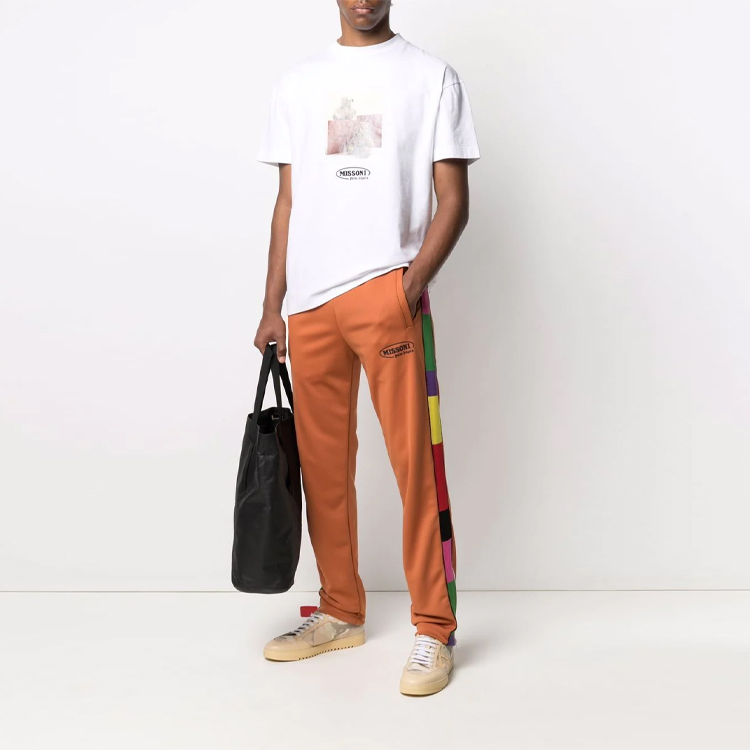 Shop PALM ANGELS x MISSONI Unisex Orange Track Pants with Colorful Trim. PMCA007F21FAB0122701